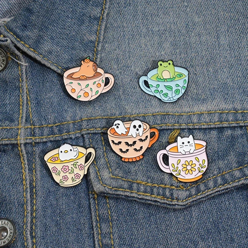 Creative Coffee Cup Animal Collection Enamel Pins Ghost Duck Capybara Frog Brooch Lapel Badge Cute Halloween Jewelry Kid Gift  ﻿ Quick Pick Grocers