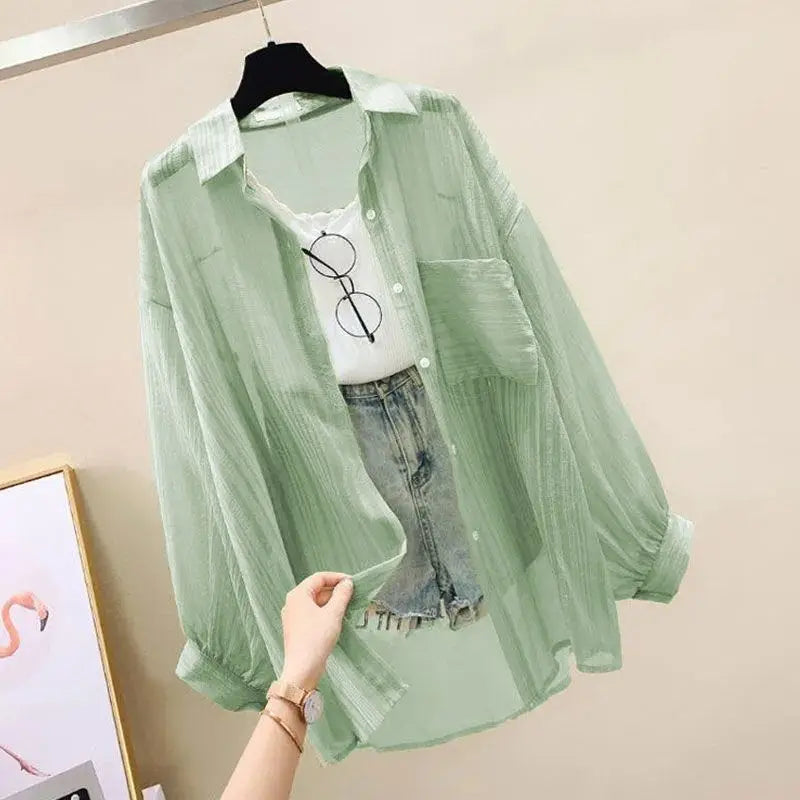 Summer Sunscreen Shirt Elegant Perspective Thin Chiffon Blouse Korean Harajuku See Through Loose Top Casual Women's Cardigan Quick Pick Grocers