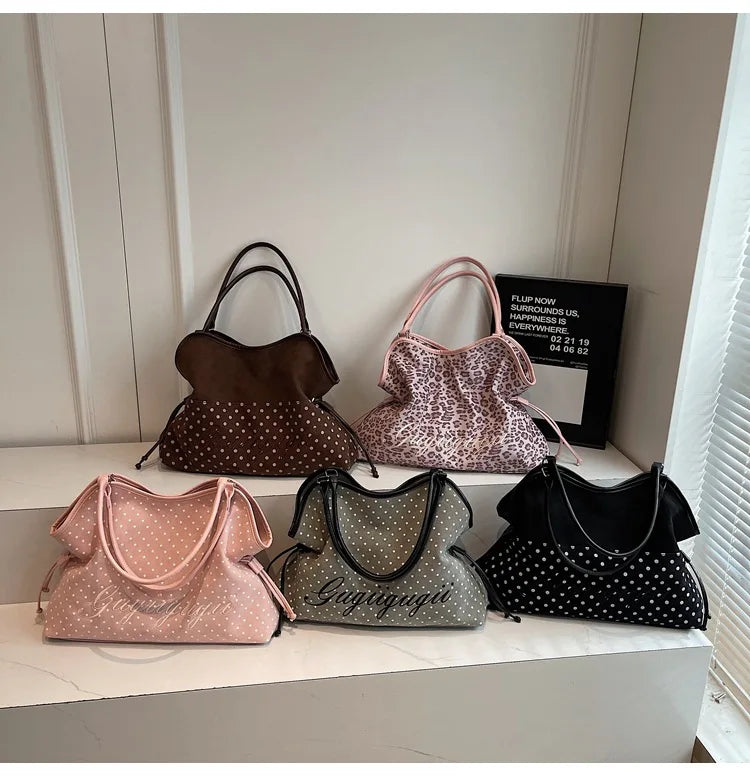 Brand Women's Shoulder Bag Y2k Fashion Sweet Polka Dot Handbag Korean Casual Versatile Leopard Print Brown Frosted Tote Bags Quick Pick Grocers