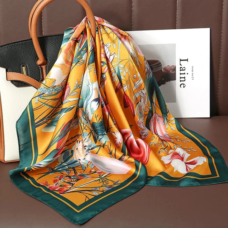 Luxury Print Satin Silk Square Scarf for Women Shawl Hijab Neckerchief Female Hair Ribbon Headband Fashion Wrap Bandana 2023 New Econic Blanks