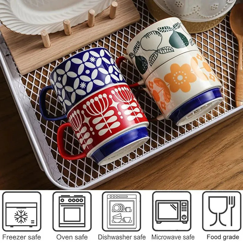 300ml Japanese Flower Coffee Mug Set Retro Ceramic Milk Oats Mug Office Water Handgrip Cup Kitchen Party Drinkware Set Quick Pick Grocers