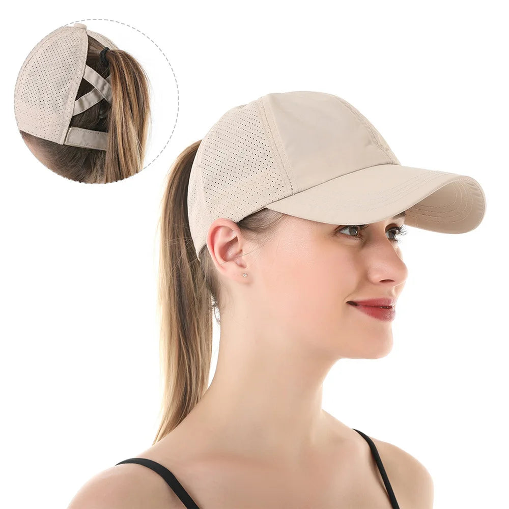Summer Solid Color Baseball Cap Women's Athleisure Cross Ponytail Hat Mesh Quick-Drying Cap Visor Hat Quick Pick Grocers