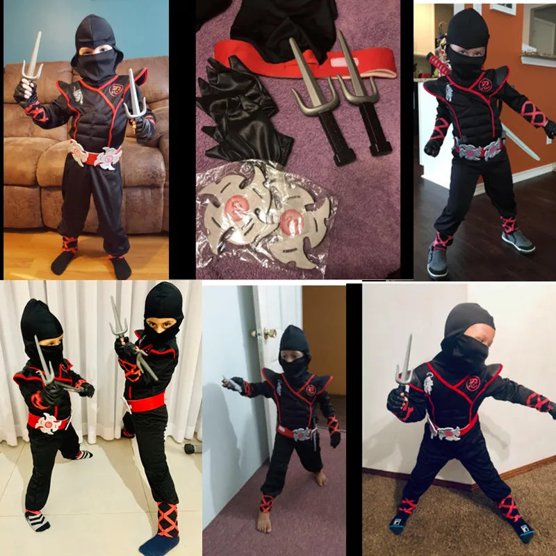 Black Ninja Costume Boy Halloween Japanese Samurai Costume Kid Anime Muscle Costume with Foam Accessories Best Children Gift Quick Pick Grocers