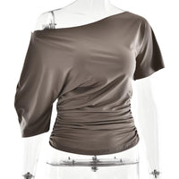 Off Shoulder Ruched Crop Top Women Basics Solid Color Skew Collar Short Sleeve T-shirts Summer Casual Streetwear Tees Quick Pick Grocers
