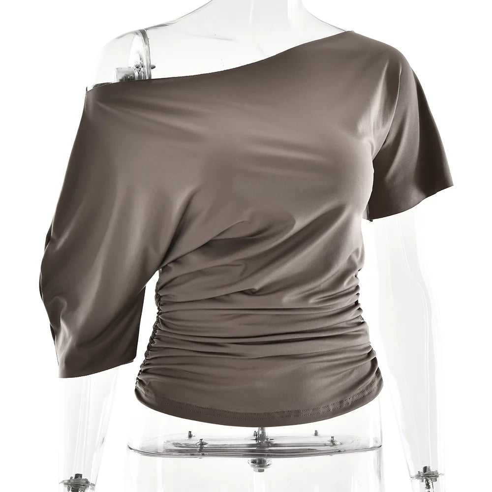 Off Shoulder Ruched Crop Top Women Basics Solid Color Skew Collar Short Sleeve T-shirts Summer Casual Streetwear Tees Quick Pick Grocers