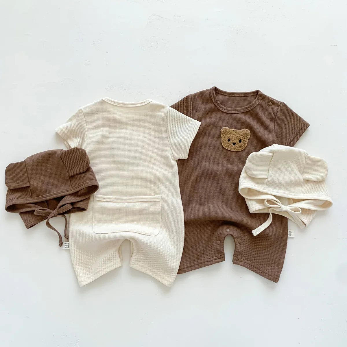 New In Summer Kids Baby Girls Boys Short Sleeve Waffle Patch Bear Infant Newborn Jumpsuits Cotton Romper Gift Hat with Ear Econic Blanks