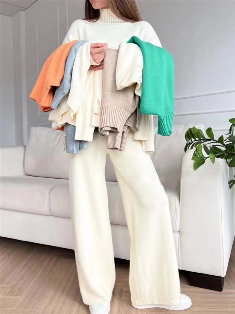 Autumn Winter 2 Pieces Women Sets Knitted Tracksuit Turtleneck Sweater and Straight Jogging Pants Suits Quick Pick Grocers