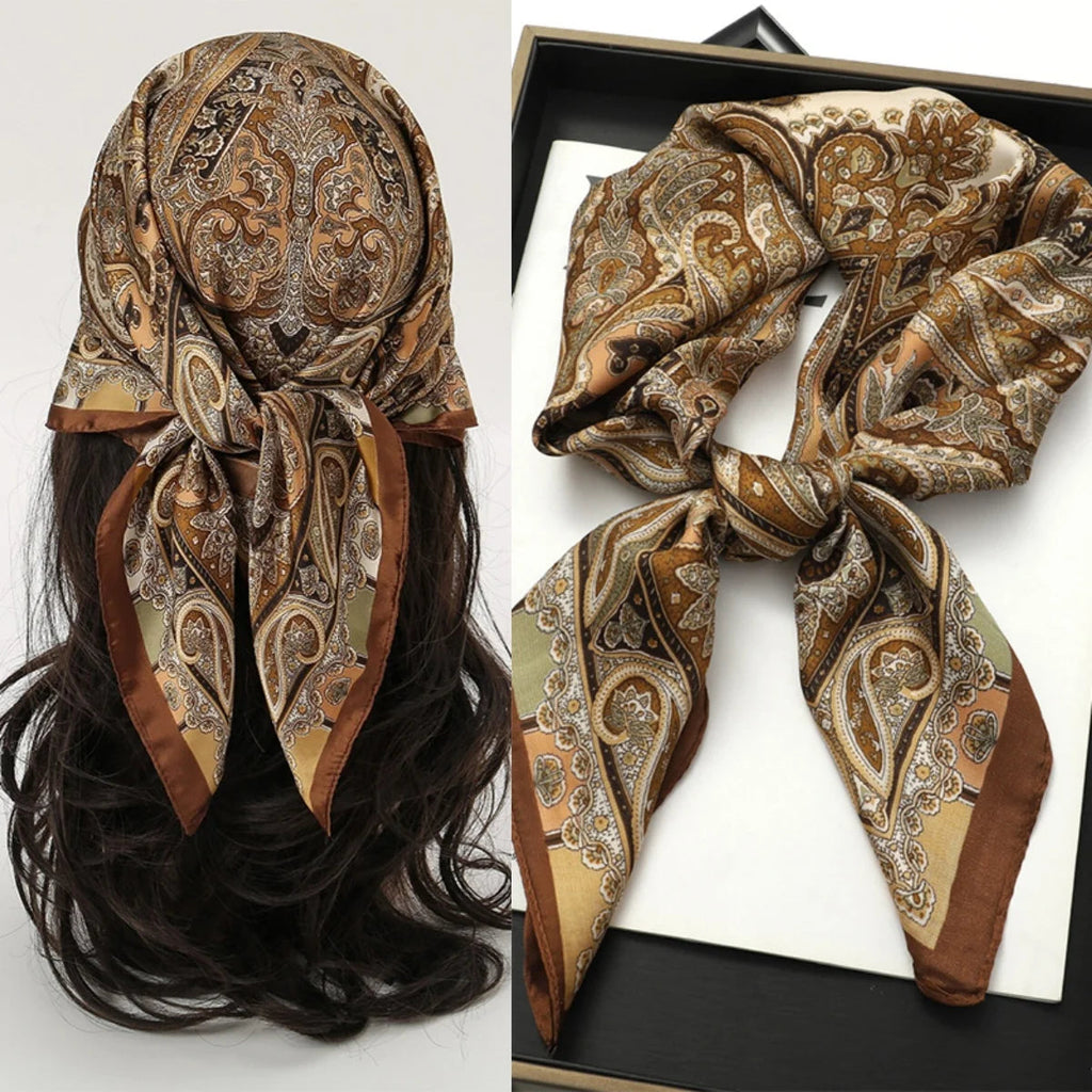 Bohemian Style Print Luxury Brand Silk Square Scarf Women Satin Shawls Neckerchief Wrap Scarves Bandana Hair Hjiab Floral Quick Pick Grocers