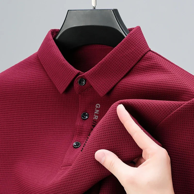 Men's Waffle Long Sleeved POLO Shirt with Letter Printed Lapel Casual Top Quick Pick Grocers
