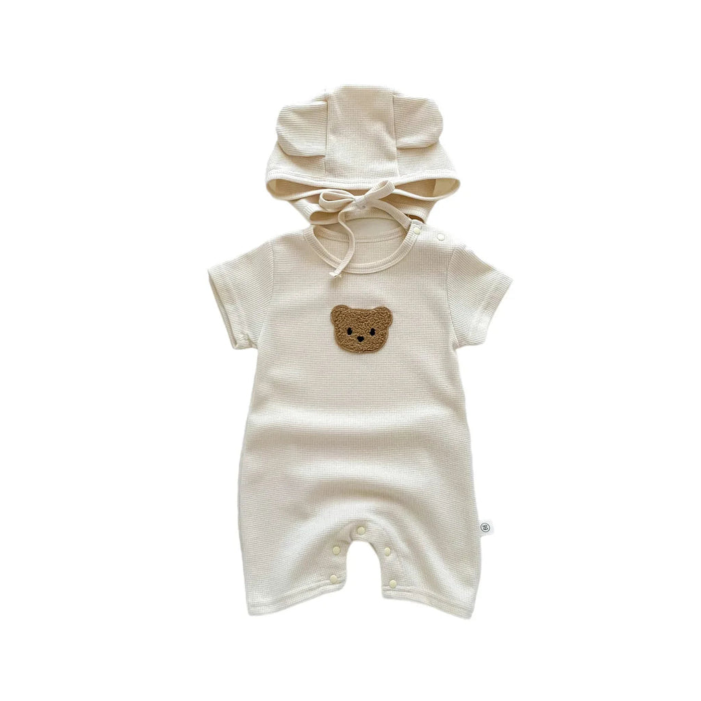 New In Summer Kids Baby Girls Boys Short Sleeve Waffle Patch Bear Infant Newborn Jumpsuits Cotton Romper Gift Hat with Ear Econic Blanks