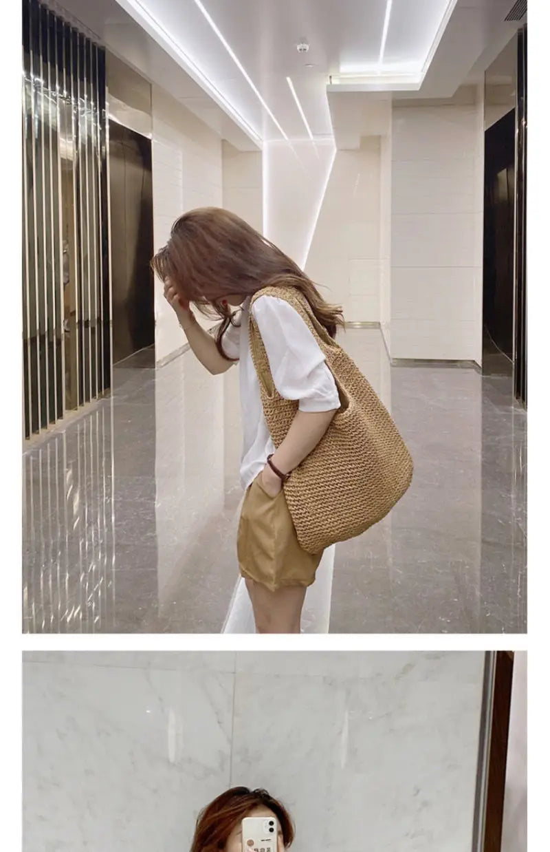 French Style Large Capacity Woven Straw Woven Bag for Women New Beach Vacation Shoulder Bag Casual Commuting Tote Bag Purse Quick Pick Grocers