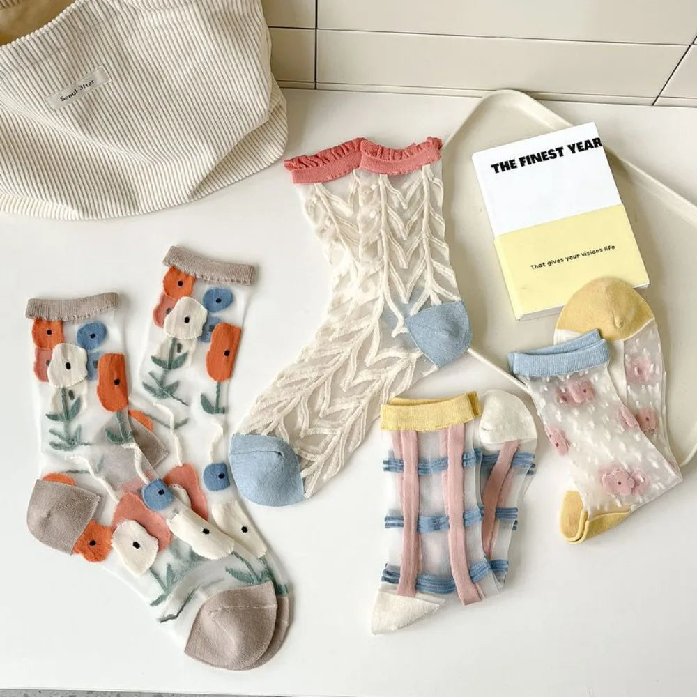 Fashion Socks For Women Summer Breathable Trendy Casual Socks Cute Fashion Korean Style Transparent Lace Sweet Socks Quick Pick Grocers