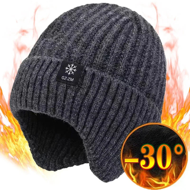 Outdoor Men Winter Knitted Hat Plush Warmth Peaked Cap Earmuff Casual Fashion Faux Fur Lined Bomber Hats Cycling Ear Protection Purest Peak