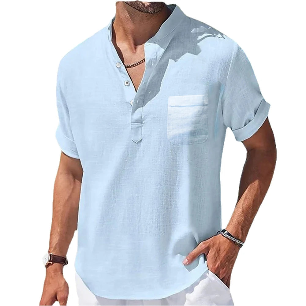 New Men's Casual Stand Up Collar Summer Solid Color Short Sleeve Linen Shirt Trendy Breathable Loose Youth Basic Pocket Top Quick Pick Grocers