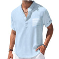 New Men's Casual Stand Up Collar Summer Solid Color Short Sleeve Linen Shirt Trendy Breathable Loose Youth Basic Pocket Top Quick Pick Grocers