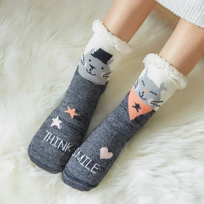 Christmas Gift Slipper Socks Women Thermal Winter Warm Plush Non slip Grip Sleeping Floor Short Sock Fuzzy Fluffy Female Cartoon Quick Pick Grocers