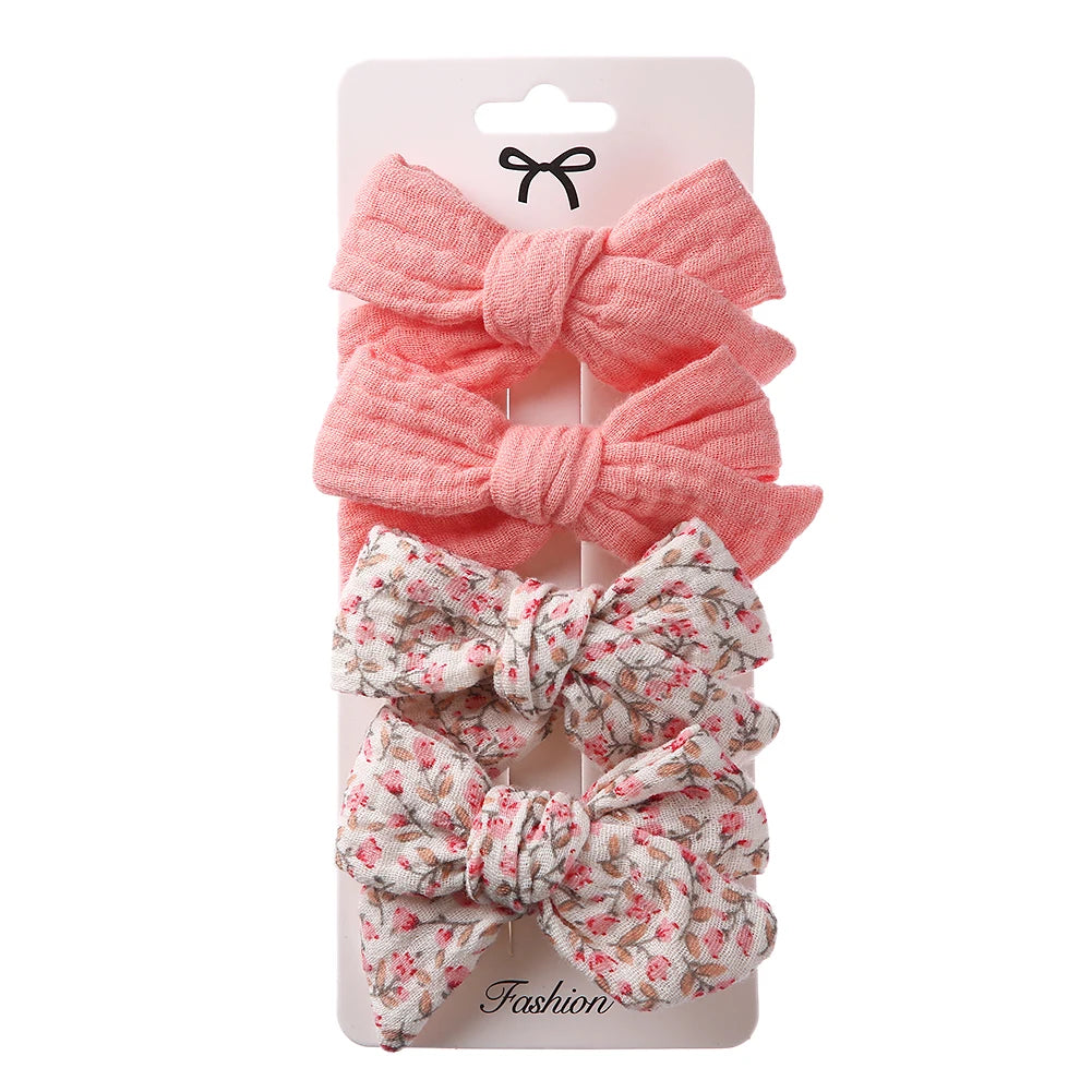 4Pcs/Set Baby Bows Hair Clips Muslin Girls Hairpins Hairclip For Kids Cotton Linen Barrette Flower Print Side Pin  Accessories Purest Peak