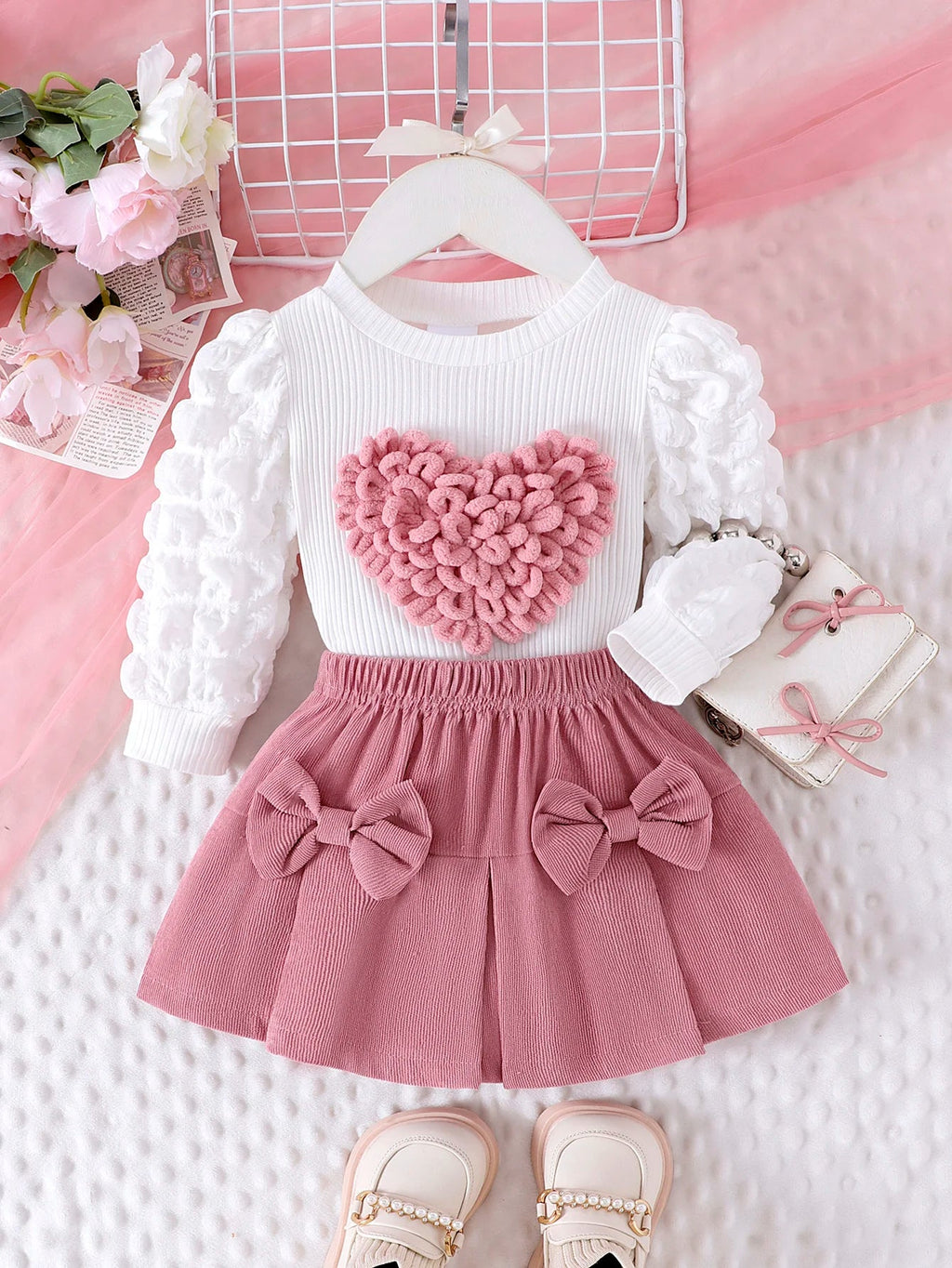 2PCS Winter New Style For 0-3 Year Old Girls, Comfortable Sweet And Cute Bubble Sleeves, Love Chapter Top + Pink Short Skirt Set Econic Blanks