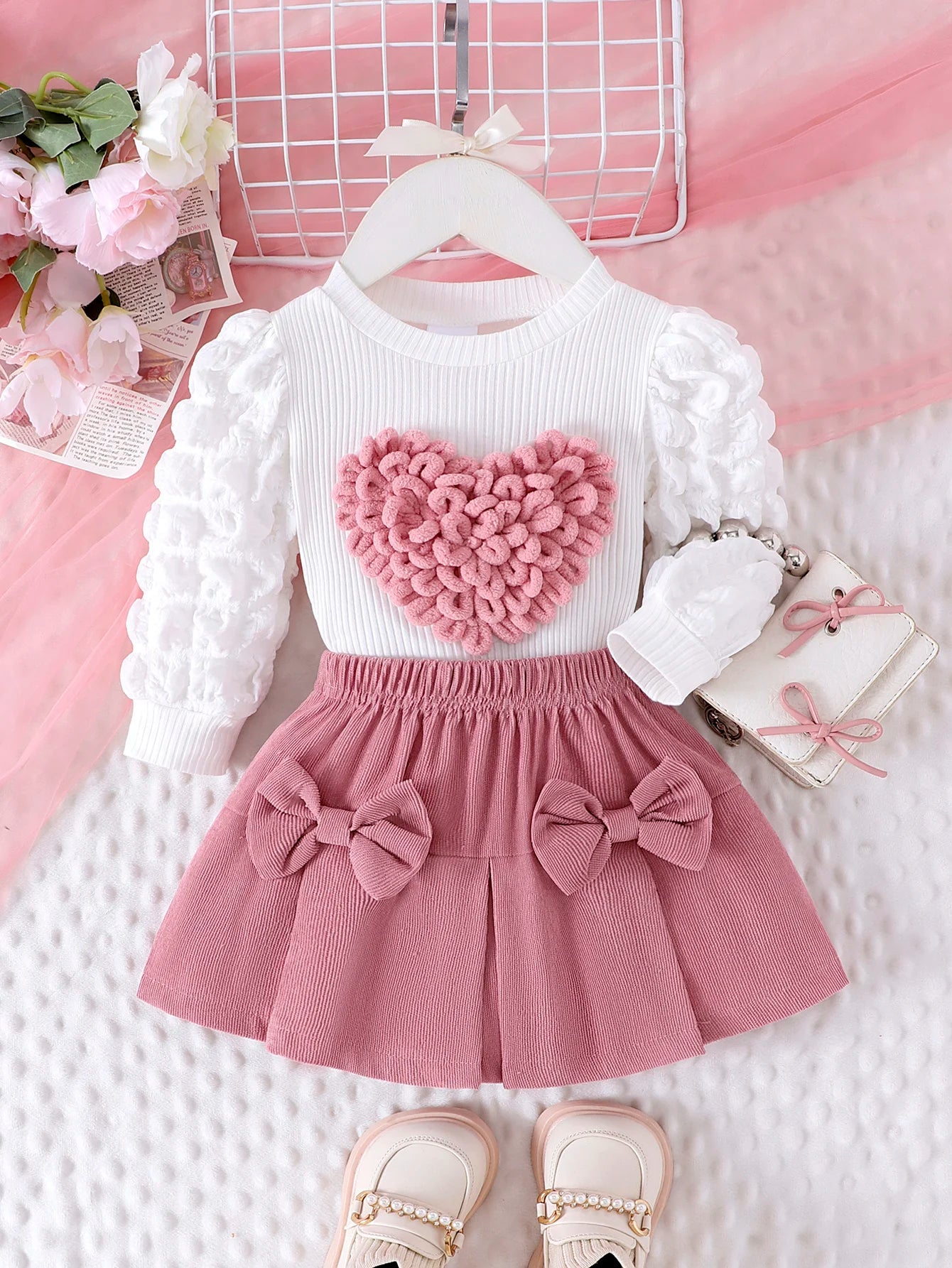 2PCS Winter New Style For 0-3 Year Old Girls, Comfortable Sweet And Cute Bubble Sleeves, Love Chapter Top + Pink Short Skirt Set Econic Blanks