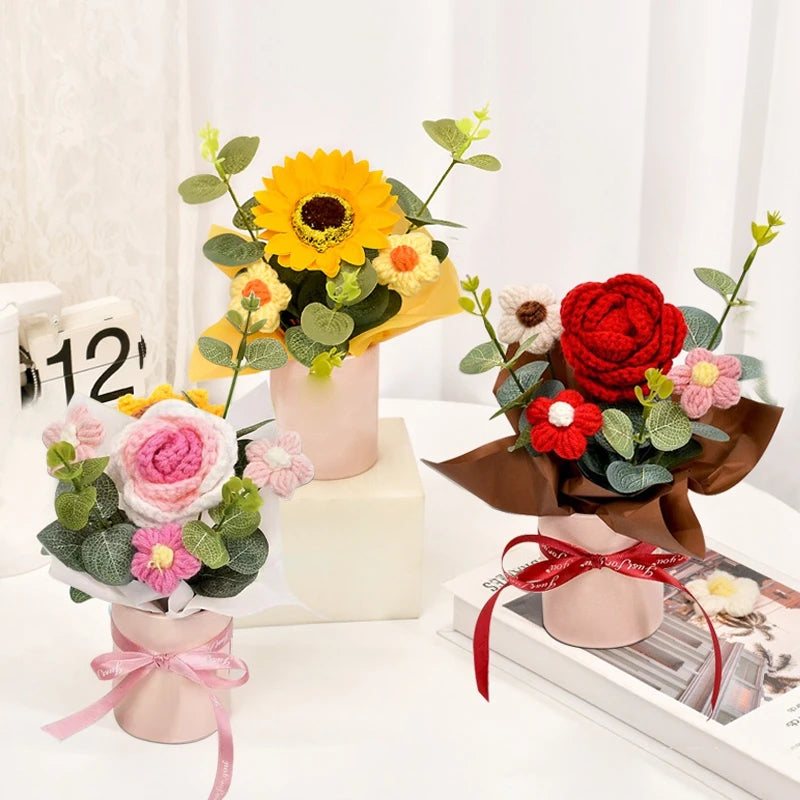 Knitted Flower Bouquet Crochet Rose Flowers Hugging Bucket New Year Gifts Living Room Desk Decoration Mother's Day Gift Quick Pick Grocers