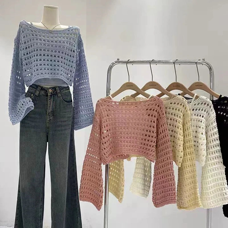 Long Sleeve Crochet Knit Top Summer Beach Bikini Cover Up Crop Pullover Wool Knitwear Blouse Women Vacation Boho Outfit Quick Pick Grocers