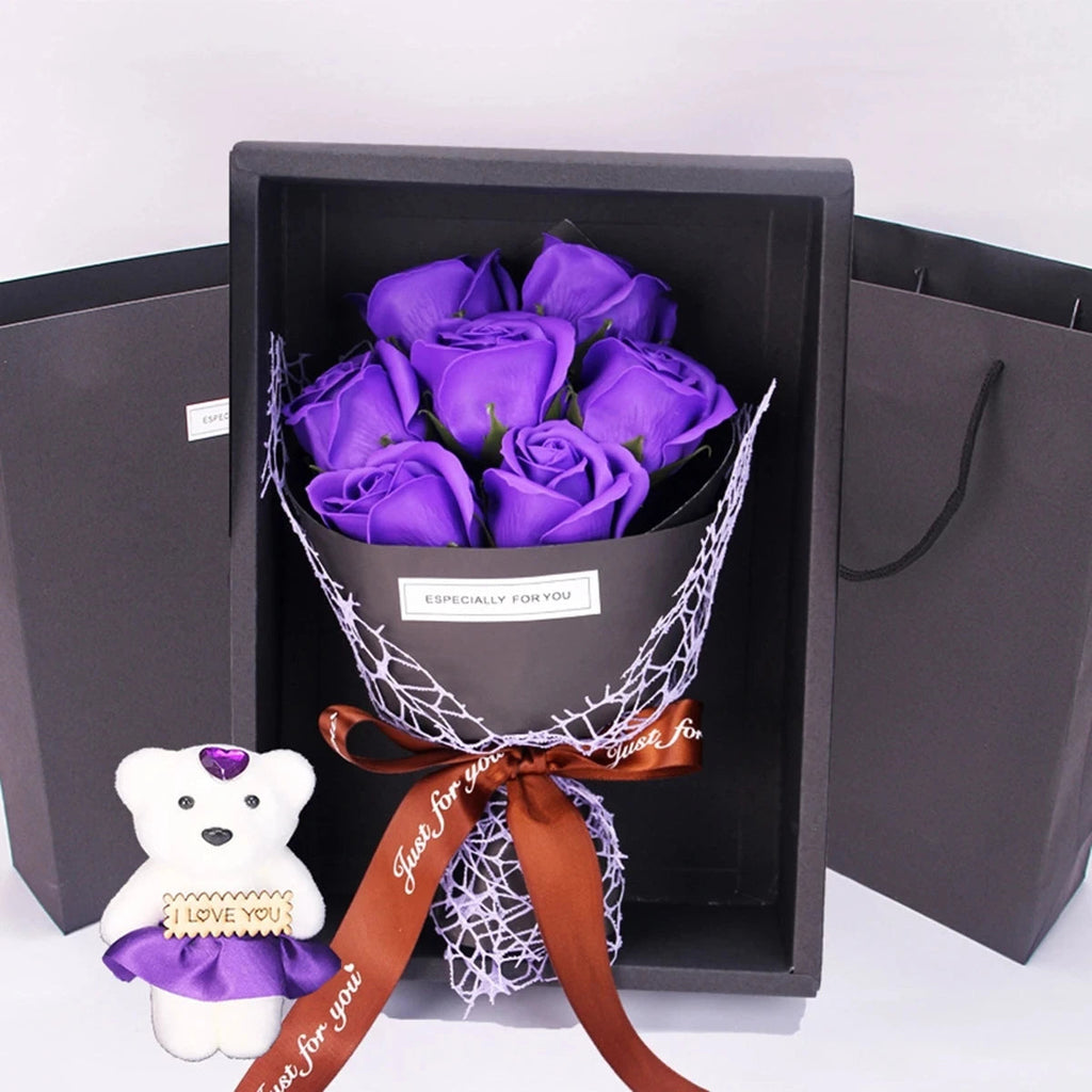 1Pc Handmade 7 Rose Soap Bouquet Little Bear Gift Box Creative Valentine's Day Mother's Day Birthday Party Rose Flower Gifts Quick Pick Grocers