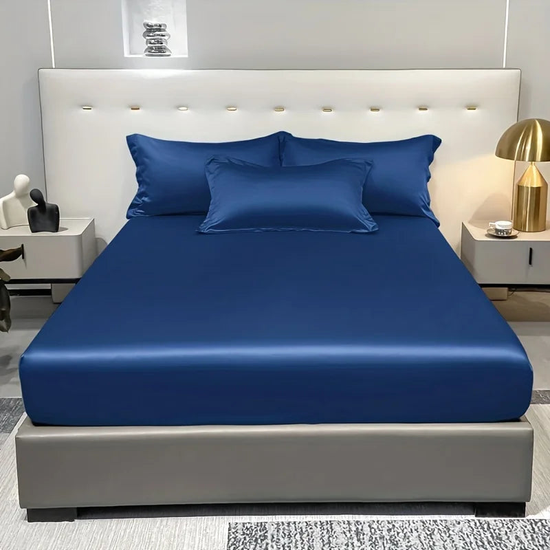 1 Simple Modern Satin Solid Color Fitted Sheet, Solid Color Ice Silk Bedspread For Bedroom, Bedding (Excluding Pillowcases) Quick Pick Grocers