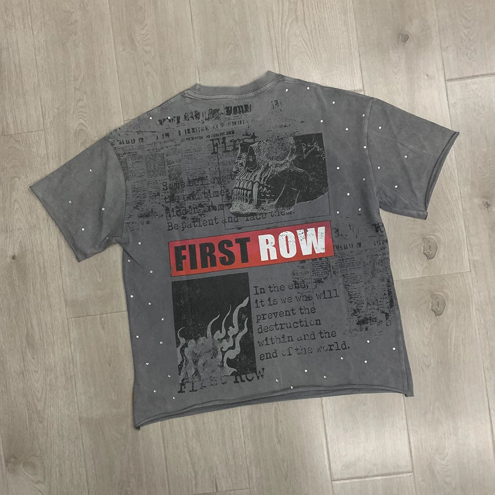 Streetwear Vintage Washed Diamond Cropped Tee for Men Crew Neck Short Sleeve Loose Cotton Rhineston Tshirts Oversized Quick Pick Grocers