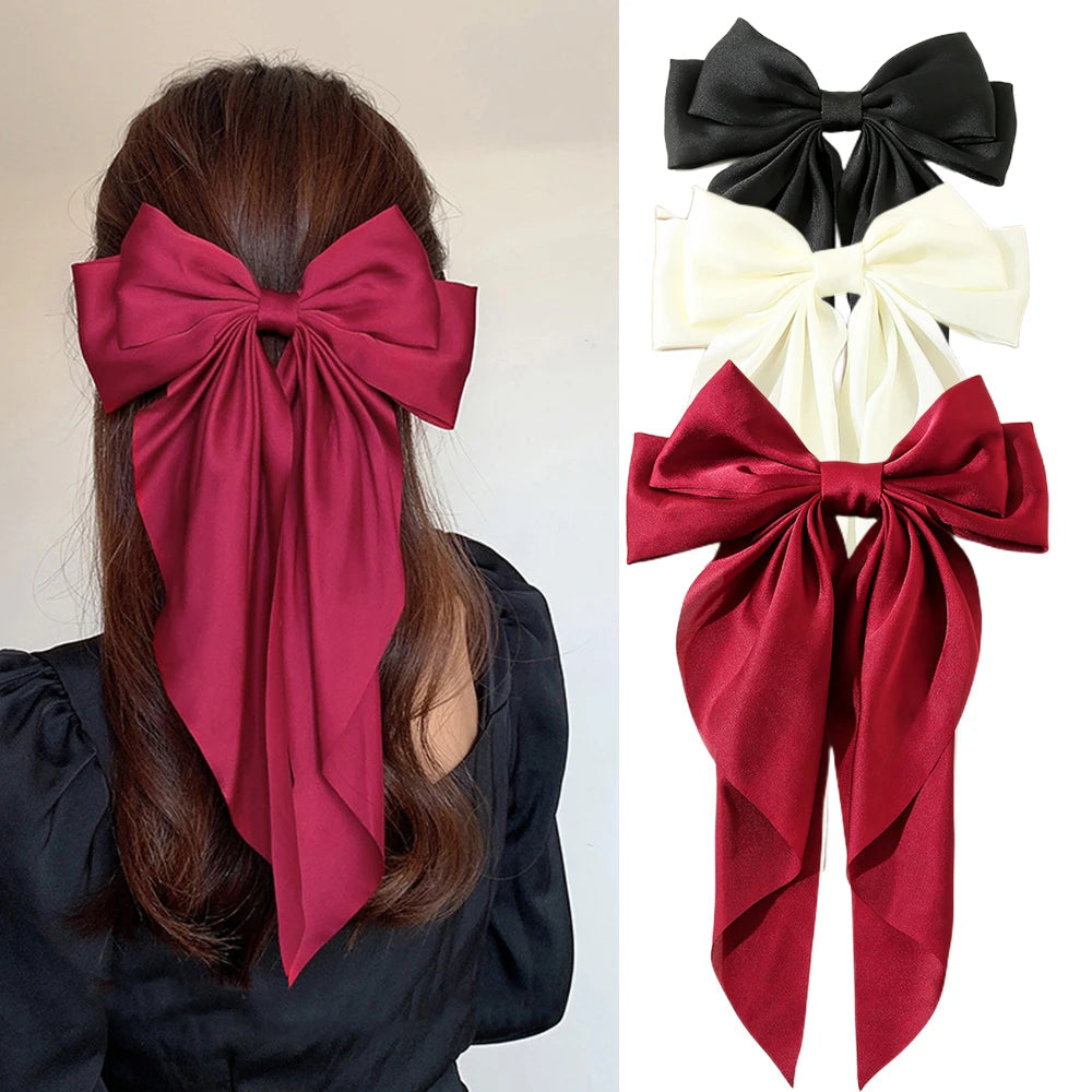 Korean Accessories Hair Clips for Women Girls Big Bowknot Solid Satin Long Ribbon Bows Spring Clamp Barette Cheveux Femme 2023 Quick Pick Grocers