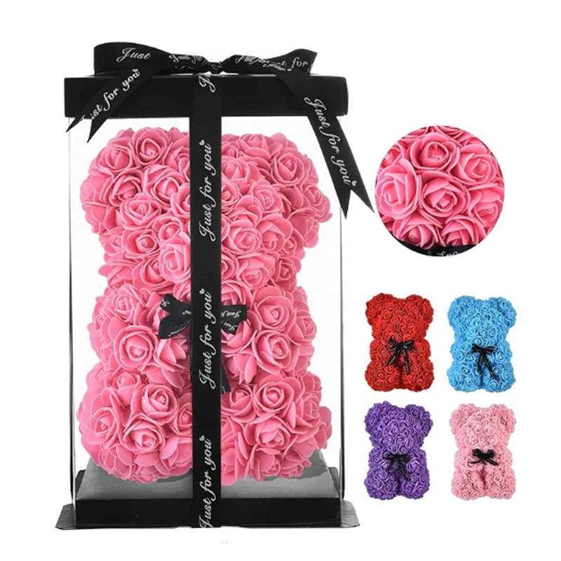 25cm Artificial Teddy Rose Flower Bear with Box Romantic Valentines Day Gift Girlfriend Women Anniversary Wedding Party Supplies Quick Pick Grocers