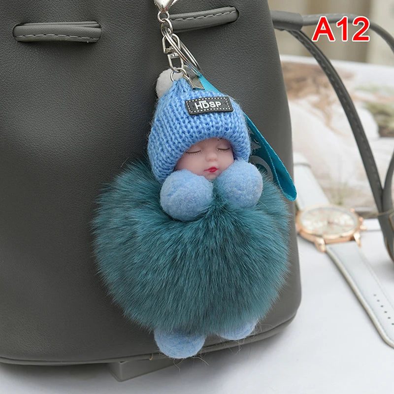 Pompom Sleeping Baby Keychain Cute Fluffy Plush Doll Keyholder Women Girl Bags Keyrings Cars Key Ring Gift Charming Decoration Quick Pick Grocers