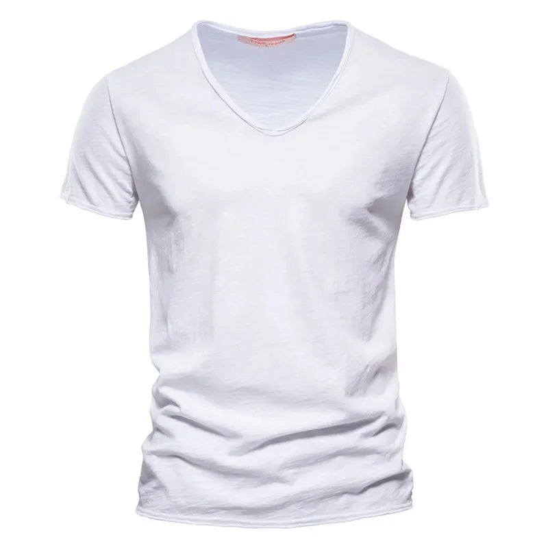 Brand Quality 100% Cotton Men T-shirt V-neck Fashion Design Slim Fit Soild Male Tops Tees Short Sleeve Quick Pick Grocers