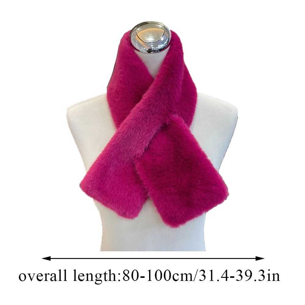 Women Winter Warm Thicken Cross Collar Scarf Solid Color Faux Rabbit Fur Cold Proof Scarves Fashion Soft Furry Neck Warmer Quick Pick Grocers