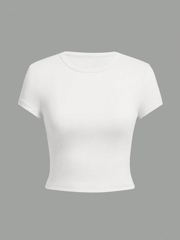 4 pieces Solid color basic short sleeved tight fitting T-shirt for women's casual summer minimalist women's style top O-neck Quick Pick Grocers