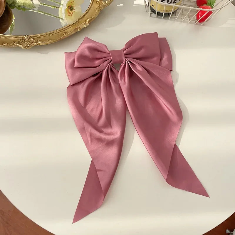 Korean Accessories Hair Clips for Women Girls Big Bowknot Solid Satin Long Ribbon Bows Spring Clamp Barette Cheveux Femme 2023 Quick Pick Grocers