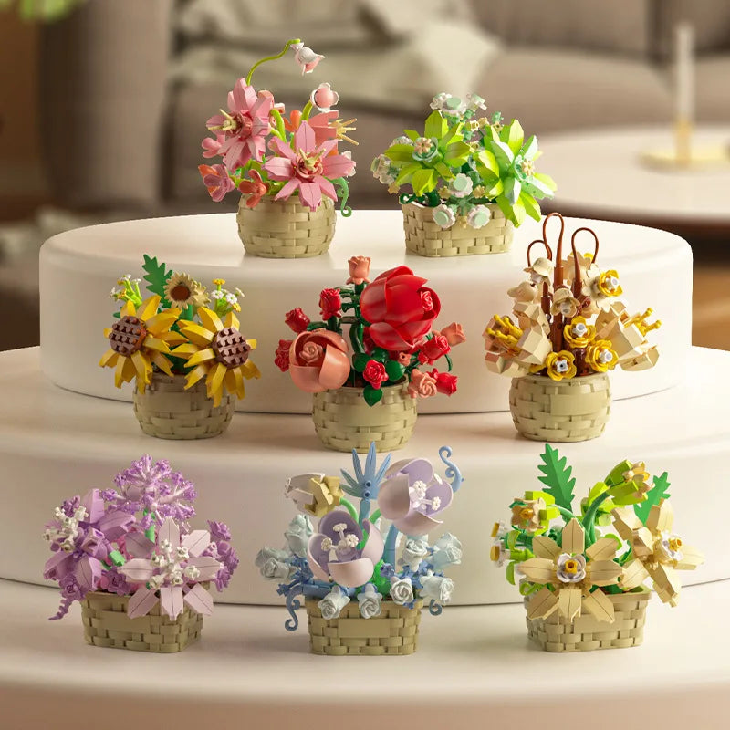 DIY MOC Potted Rose Sunflower Plants Succulents Bonsai Tree Gardens Romantic Building Blocks Model Bricks Kids Sets Kits Toys Purest Peak Salt