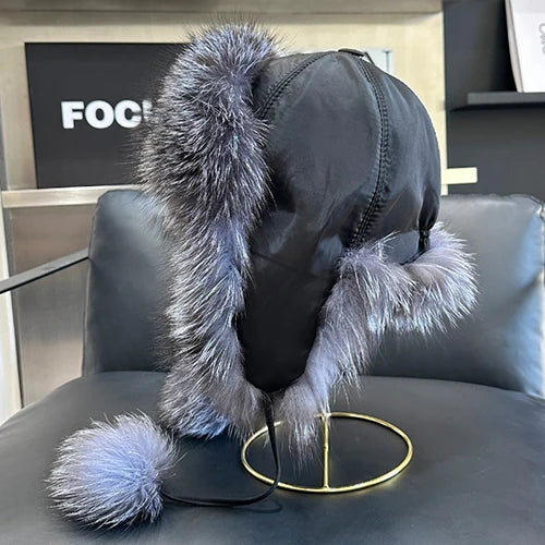2025 100% Real Fox Fur Hats Women's Russian Ushanka Aviator Trapper Snow Skiing Hat Caps Earflap Winter Raccoon Fur Bomber Hat Purest Peak
