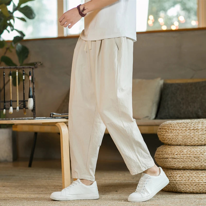 Men's Trousers Cotton Linen Fashion Casual Pants Solid Color Breathable Loose Shorts Straight Drawstring Pants Streetwear Men Quick Pick Grocers