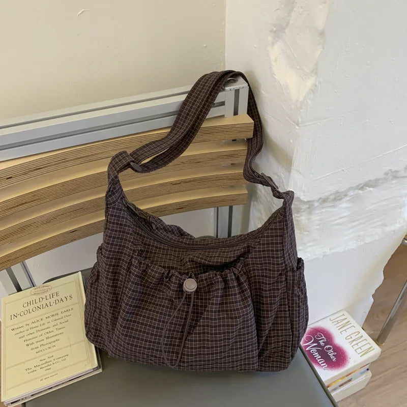 Korean Nylon Shoulder Bags Fashion Simple Plaid Zipper Tote Drawstring Pleated Cloud Bags New Commuter Crossbody Shoulder Bag Quick Pick Grocers