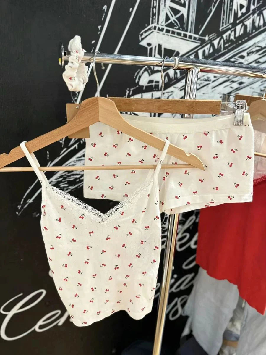 Strawberry Vest Shorts 2 Pieces Set Woman Eyelet Bow Slim Tank Top with Elastic Waist Patchwork Straight Short Pant Sweet Sets Quick Pick Grocers