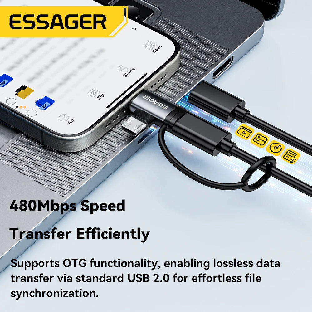 Essager 2-in-1 Lightning/Micro USB Adapter Fast Charging USB Type C Female Connector for iPhone 17 16 15 14 13pro iPad Converter Quick Pick Grocers