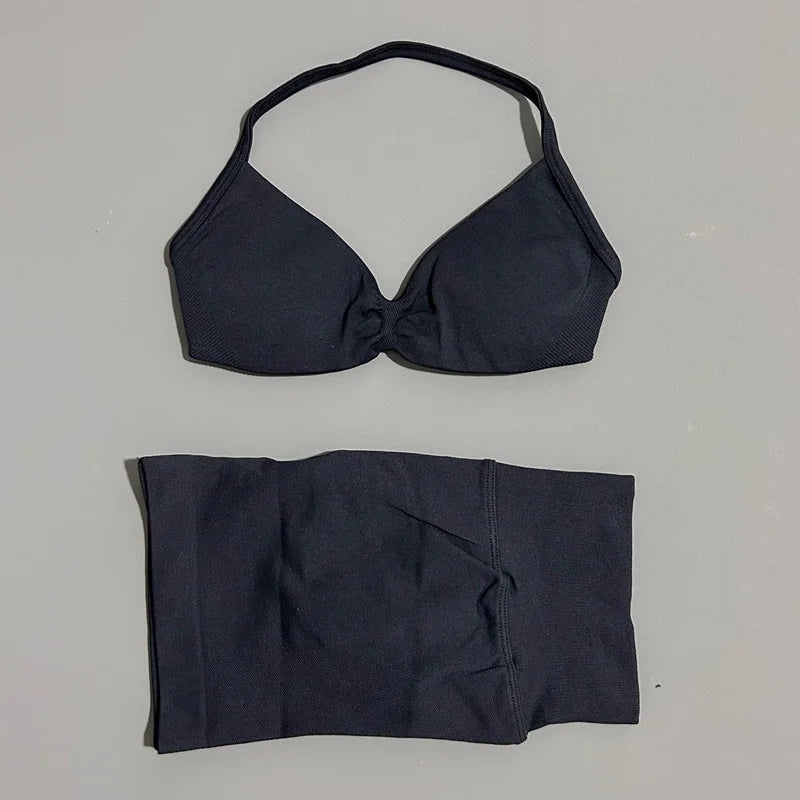 HISTELLO Gym Set 2 Piece Women Strappy Yoga Bra Top Workout Scrunch Shorts Sports Suit Fitness Clothes Seamless Yoga Set Quick Pick Grocers