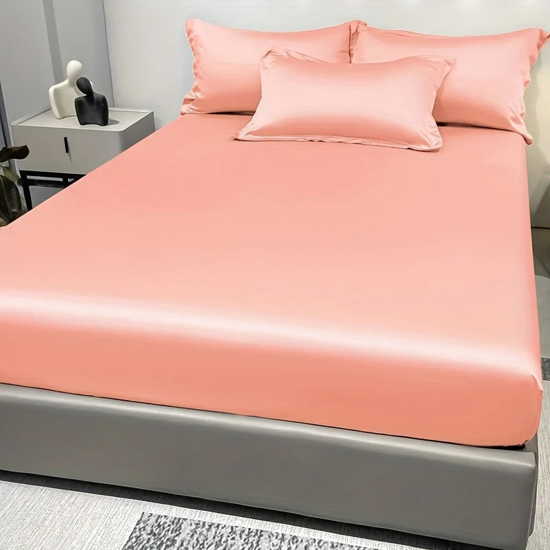 1 Simple Modern Satin Solid Color Fitted Sheet, Solid Color Ice Silk Bedspread For Bedroom, Bedding (Excluding Pillowcases) Quick Pick Grocers