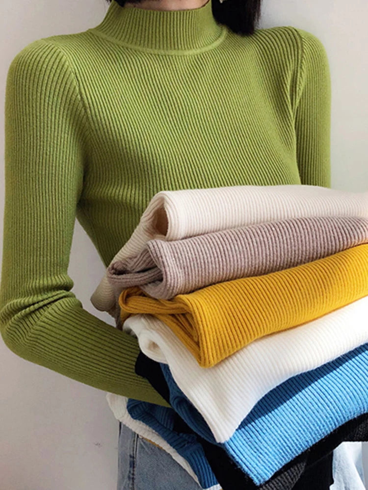 Autumn Winter Mock Neck Women Sweater Vintage Basic Solid Knitted Tops Casual Slim Pullover Korean Sweaters Simple Chic Jumpers Quick Pick Grocers