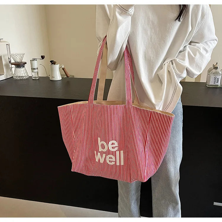 Casual Large Stripe Women's Shoulder Bag 2025 New Fashion Commuter Tote Bag High Capaci Canvas Handbag for Youth bolso mujer Quick Pick Grocers
