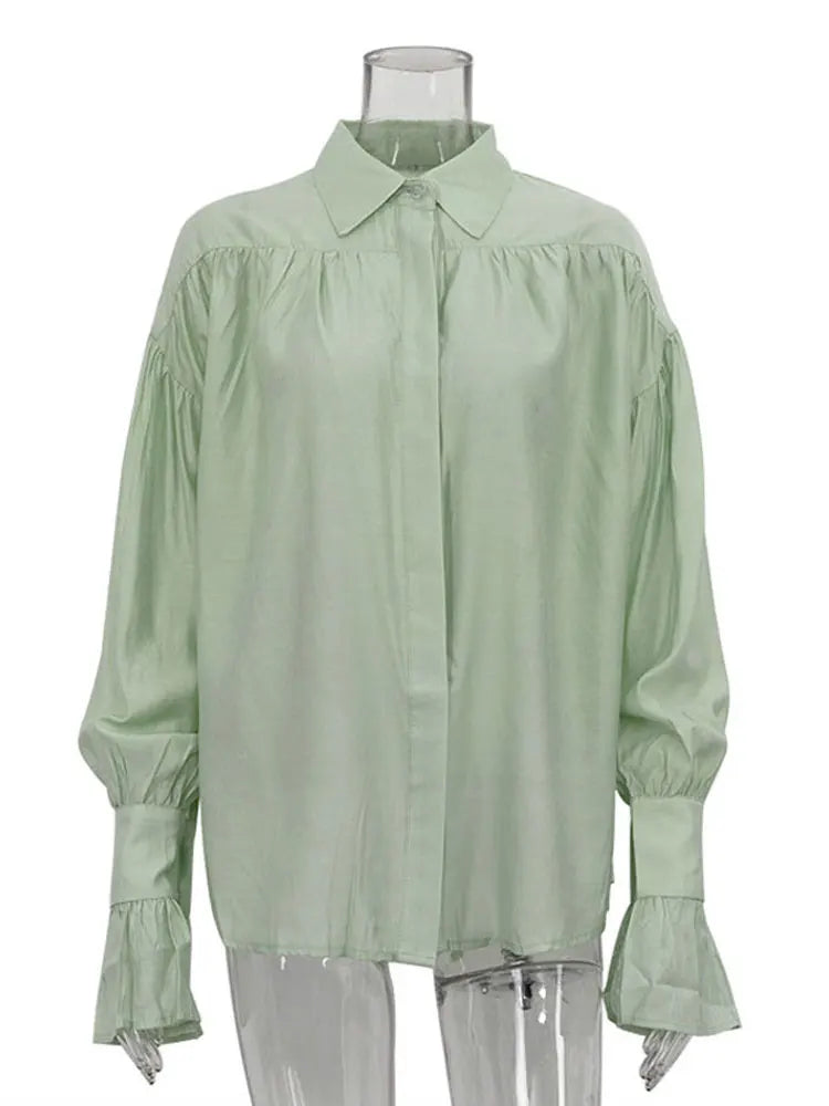 Tossy Casual Loose See-Through Shirts Women's Autumn Lapel Long Sleeve Patchwork Blouse Top Streetwear Female Solid Shirts Top Quick Pick Grocers