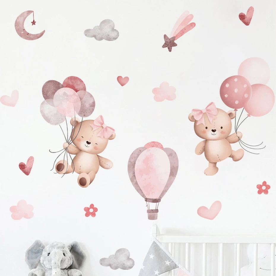 Pink Cartoon Bear Balloon Wall Stickers for Kids Room Decoration Baby Girls Baby Boys Room Wall Decals Kindergarten Nursery Room Quick Pick Grocers