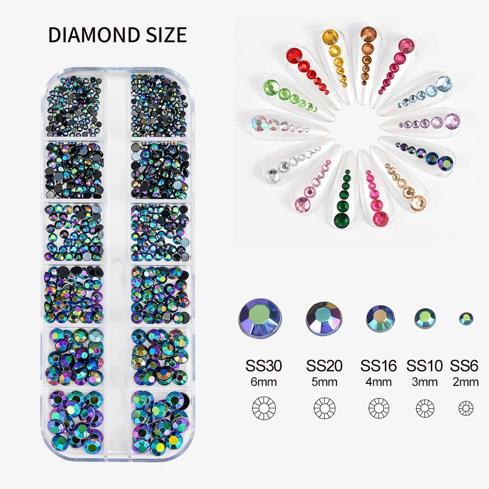 12Grids SS6-SS30 Mixed Nail Rhinestones Shiny Clear/Gold/Pink/Blue Diamond Flat-back Nail Gems Glass Stones Nails Decoration Econic Blanks