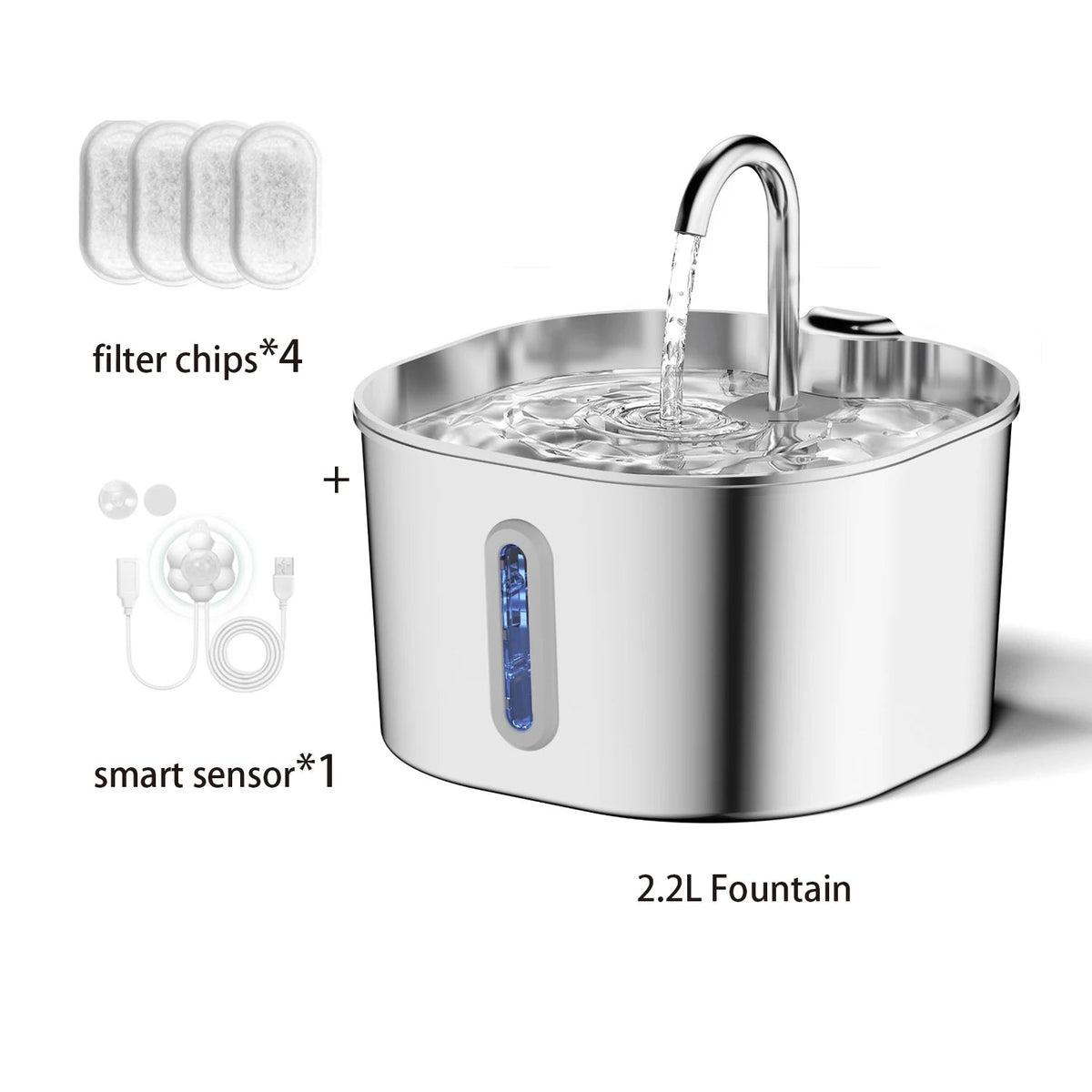 ZYFeeder 2.2L Automatic Cat Water Fountain Square Stainless Steel Pet Water Feeder Dog Water Fountain with window（No 5V 1A Plug） Quick Pick Grocers
