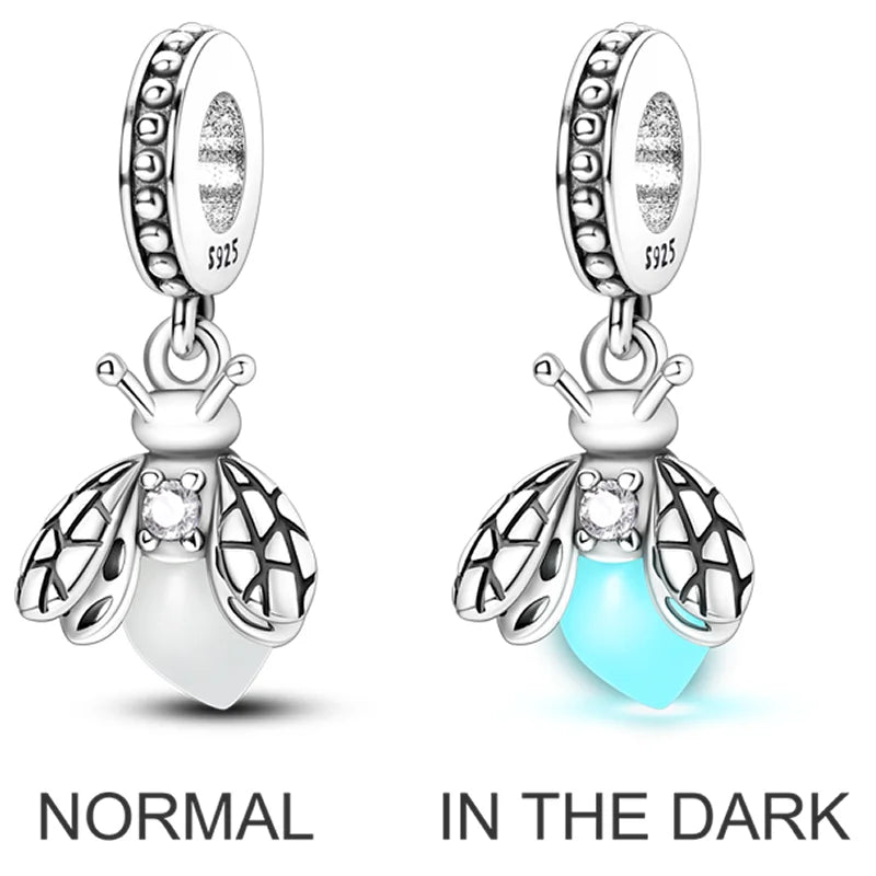 2025 Hot Sale Charms Bead 925 Sterling Silver Pink Butterfly Luminous Firefly Dangle Fit Bangle Bracelet Necklace DIY Jewelry Econic Blanks
